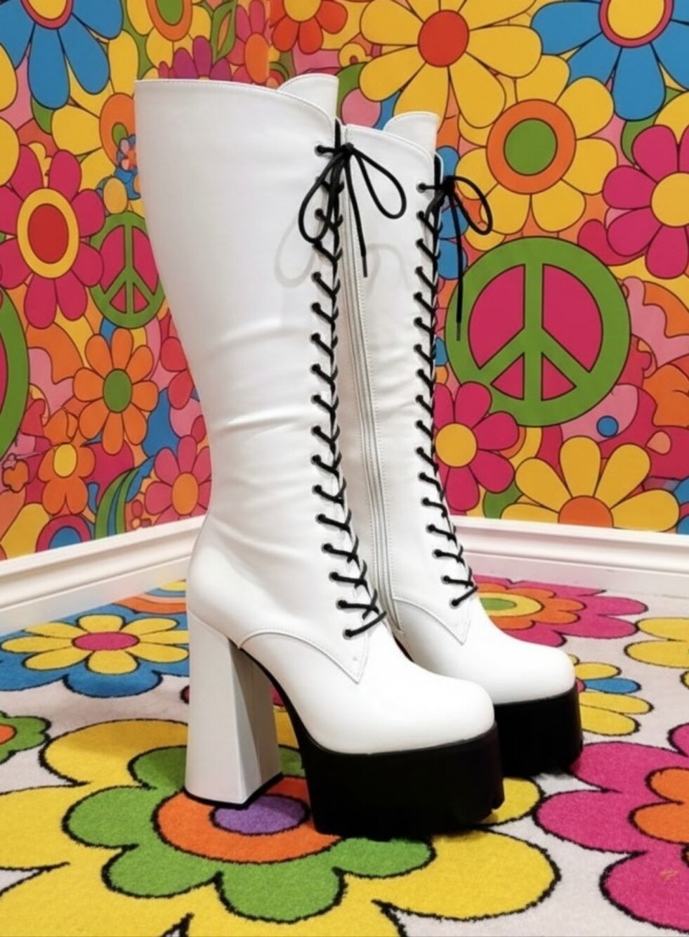White Knee-High Platform Lace-Up Boots with Black Contrasting